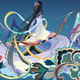Colorful artwork of pink and gold flowers and a woman with long black hair surrounded by swirling waves and ribbons against a blue-purple background.